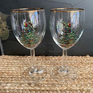 2 New Spode Christmas Tree wine glasses goblets